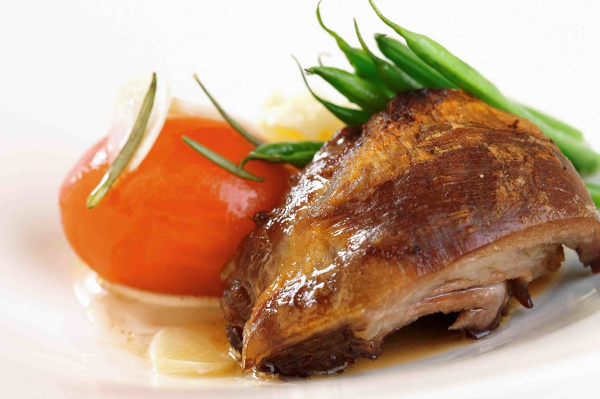 Confit Shoulder of Lamb Studded with Rosemary and Garlic, Poached Plum Tomatoes, French Beans, Purée Potatoes