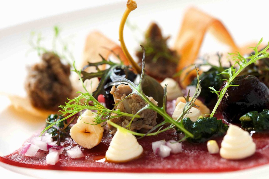 Venison Carpaccio, Mushroom Pate, Pickled Damsons, Hazelnuts