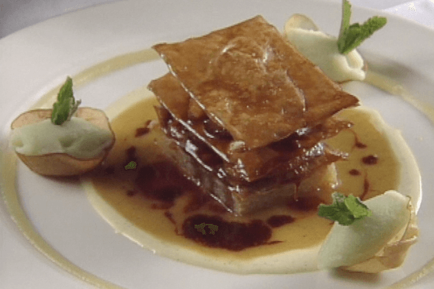 Caramelized Apple Phyllo with Vanilla Sauce and Apple Sorbet ▶