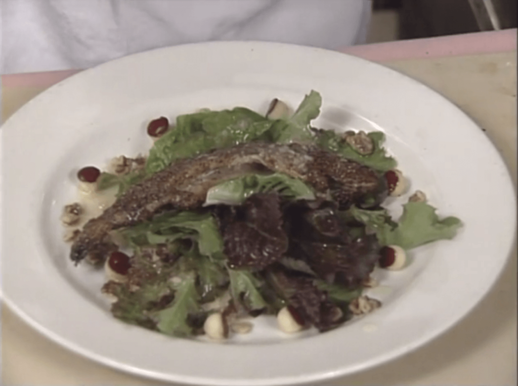 Morel-crusted Trout Salad  with Apple and Walnut Vinaigrette