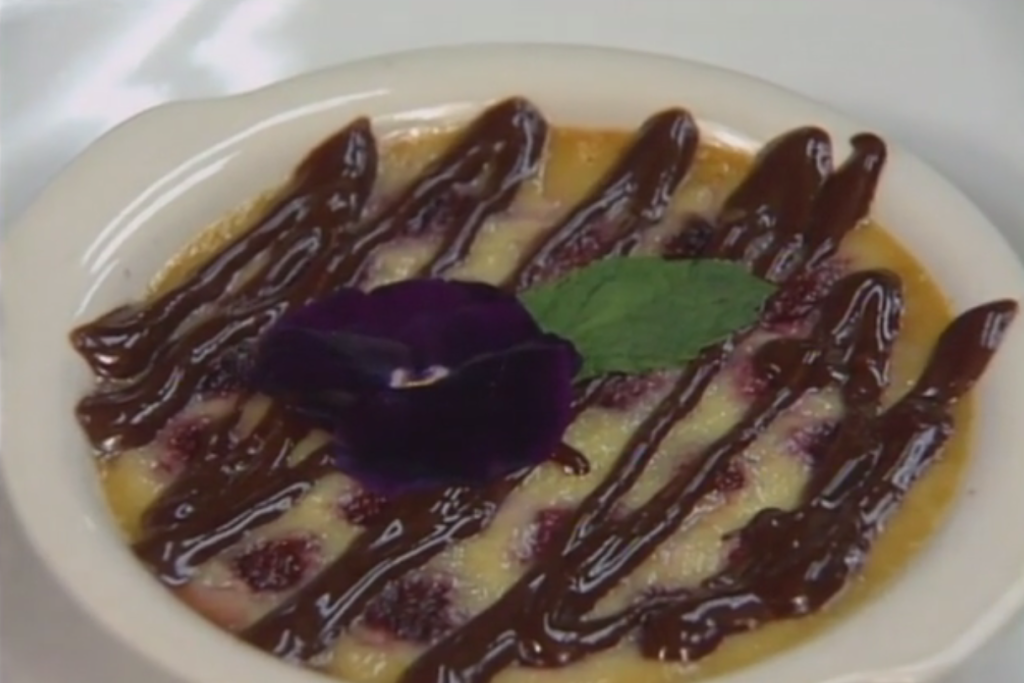 Raspberry-White Chocolate Custard with Bittersweet Chocolate Sauce
