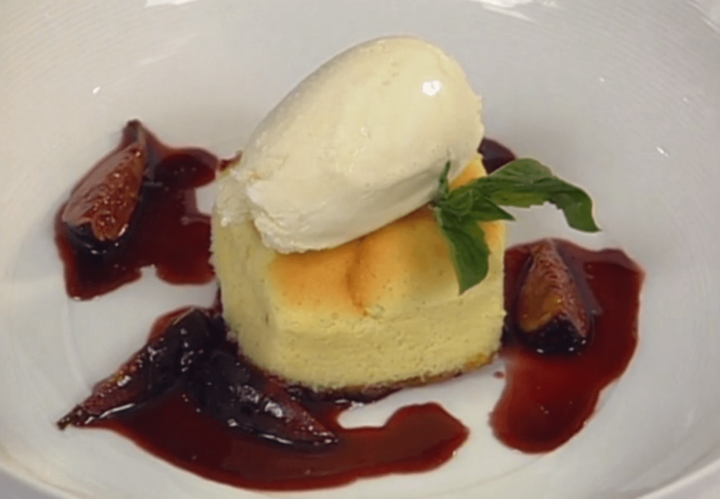 Lemon-Goat Cheese Cheesecake and Basil-Pine Nut Ice Cream with Port Wine and Balsamic Reduction with Fresh Figs