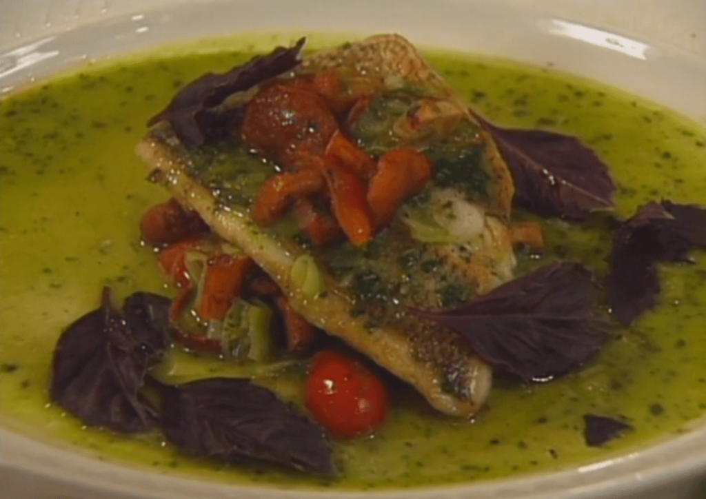 Sautéed Fillet of Jolthead with Basil and Tomato Broth with Fresh Chanterelles