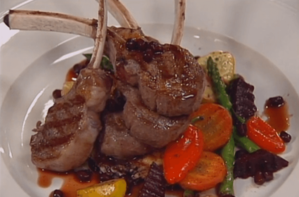Grilled Sonoma Lamb Chops with Wild Rice Soufflé and Pomegranate Nectar