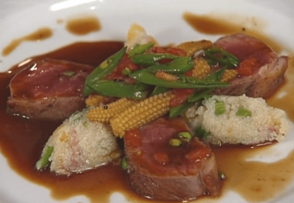 Roasted Loin of Lamb with Country Ham and Hominy Grits