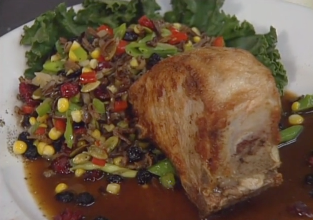 Pan-roasted Pork Chop with Cinnamon–Rhubarb Sauce and Wild Rice Sauté