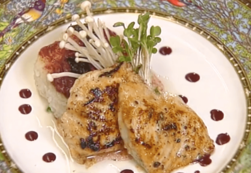 Kasu-marinated Sturgeon with Grilled Rice Cakes, Umaboshi Plum Vinaigrette, and Beet Oil