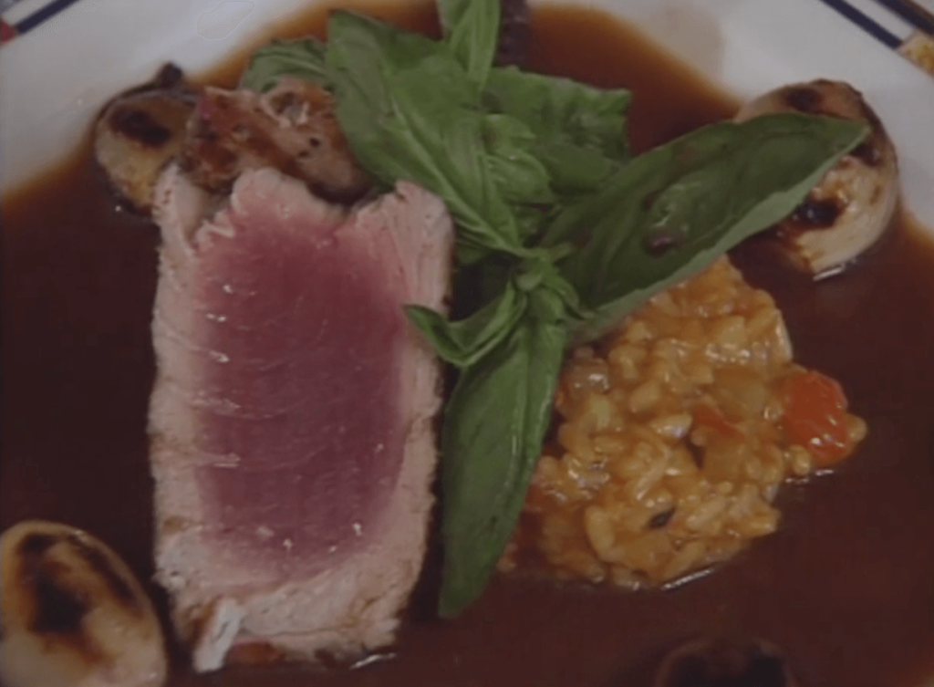Grilled Yellowfin Tuna with Ratatouille, Risotto, Grilled Shallots, and Red Wine–Morel Sauce
