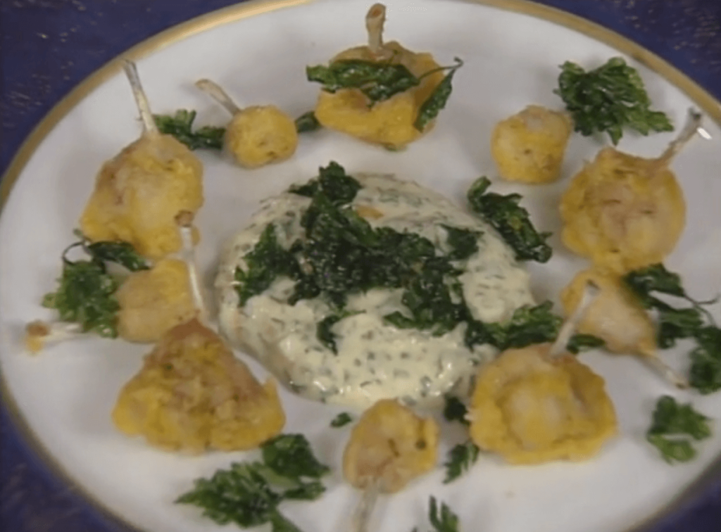 Tempura-battered Frog Legs  with Arugula Creamy Tartar Sauce