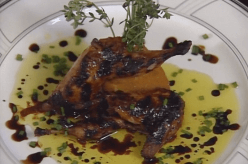 Grilled Mississippi Quail, Marinated in Hoisin, Szechuan Chilies, and Sesame with Sweet Potato Polenta
