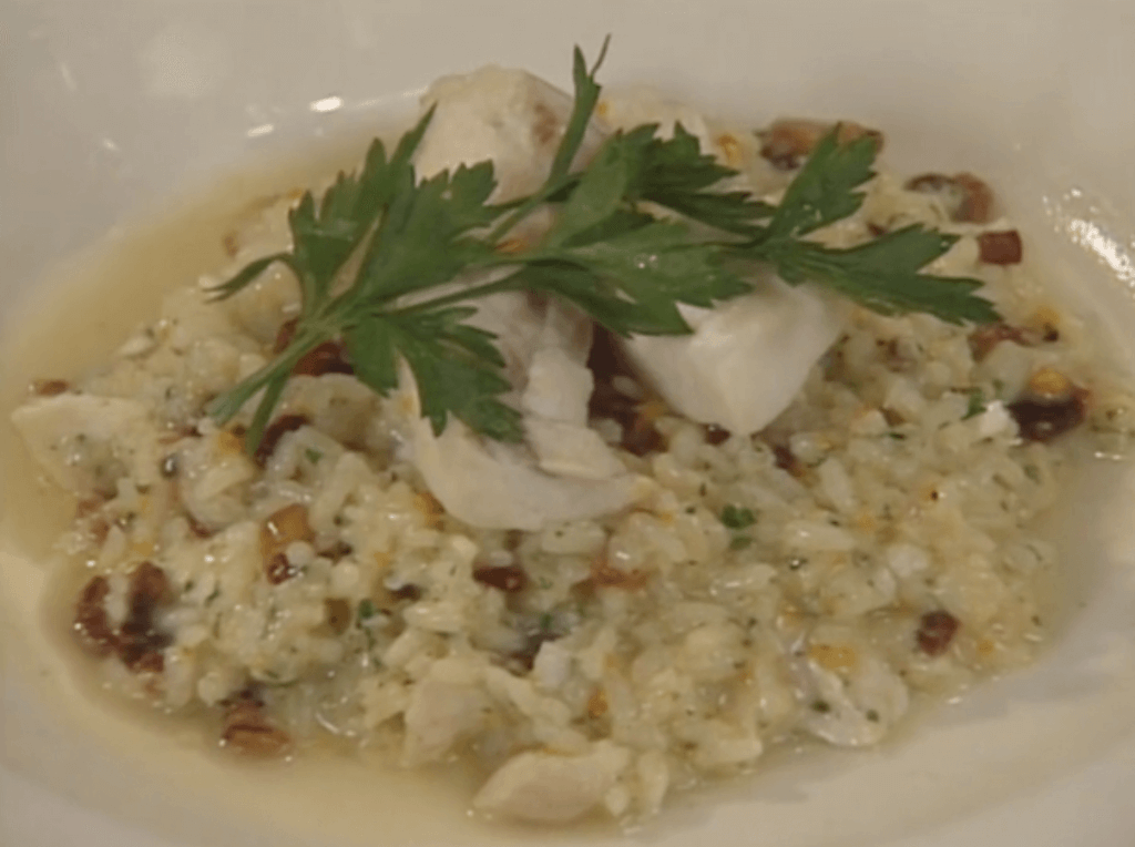 Risotto with Bacon, Silver Queen Corn, and Catfish