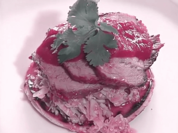 Open-faced Barbecued Pork Sandwich with Kimchee on Grilled Pita Bread