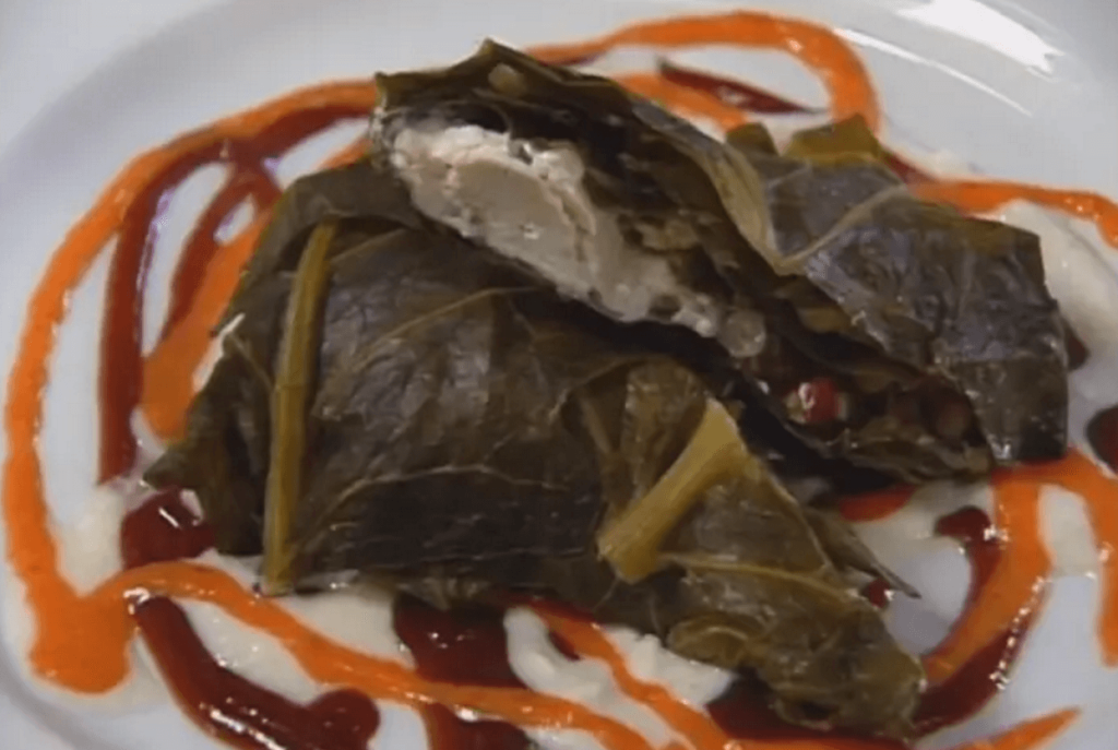 Stuffed Collard Greens with Roasted Chicken, Carolina Goat Cheese, and Black-eyed Pea Salad