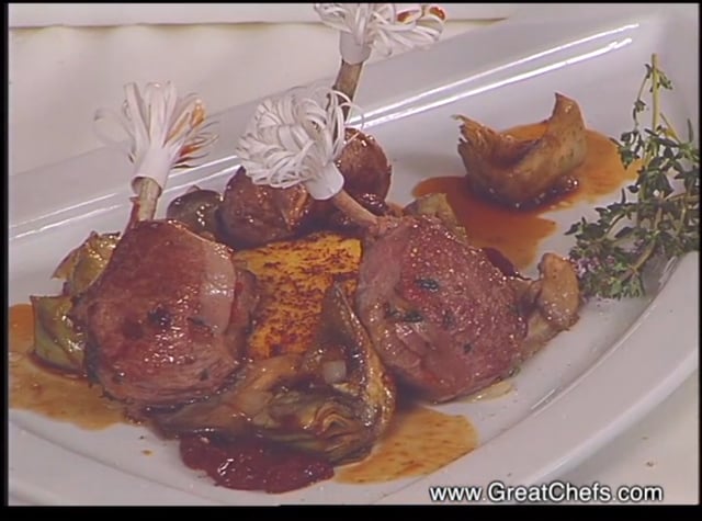 Stuffed Lamb Chops with Fried Polenta and Stewed Artichokes