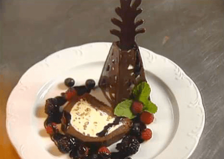 Double Chocolate Torte with Mascarpone Mousse and Wild Berry Sauce