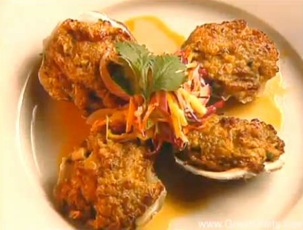 Deviled Oysters with Sour Mango Slaw and Tabasco Butter Sauce
