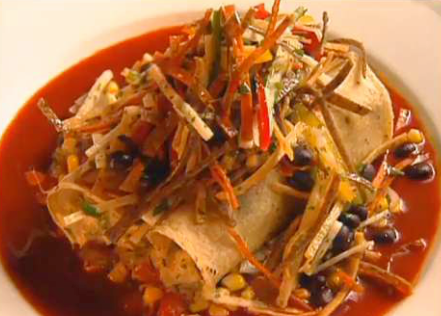Baked Potato Enchiladas on Pico de Gallo Corn  with Ancho Ranchero Sauce and Mexican Tortilla Salad
