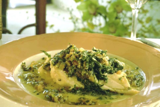 Onaga Baked in Salt Crust with Herbs and Ogo Sauce