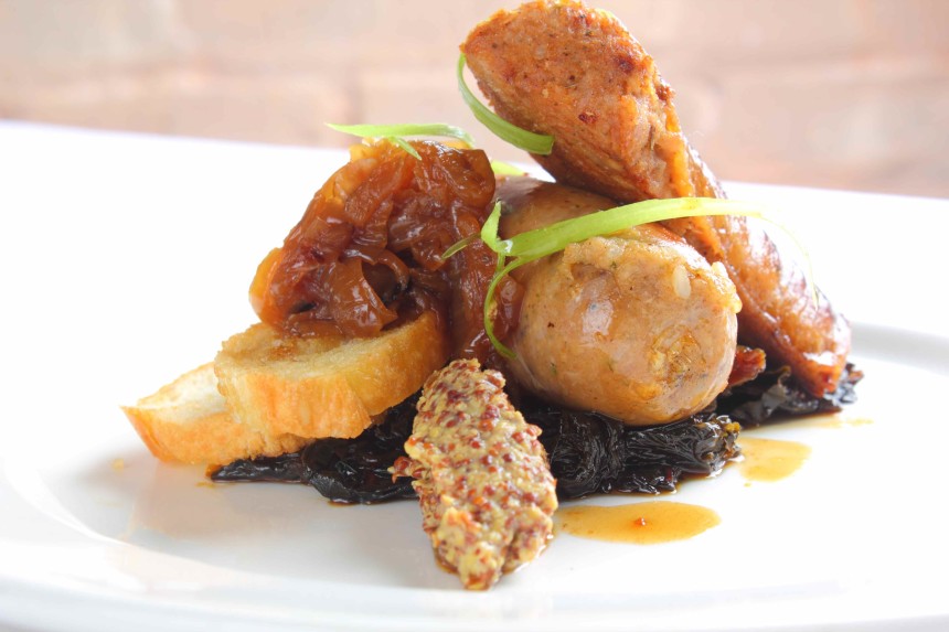 Homemade Boudin and Andouille Sausage with Beer Braised Onions and Coarse Grain Mustard