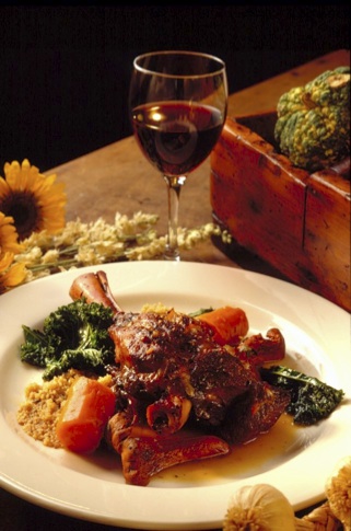 Braised Lamb Shanks with Carrots, leeks, and Coriander Sauce