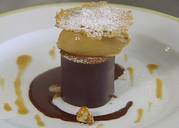 Iced Caramel Mousse with Bitter Chocolate Coulis