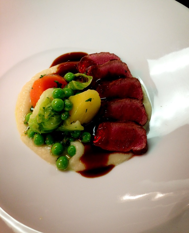 Lamb Noisette, Buttered Vegetables, Parsnip Puree, Red Wine Jus