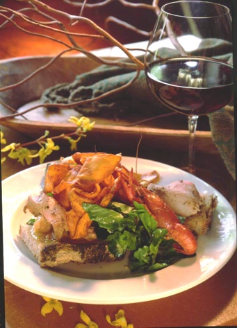 Pork Leg (Loin) Crostini with Crawfish Aioli and Sweet Potato Chips