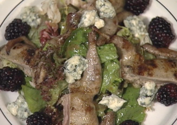 Quail Salad with Pate, Baby Greens, Roquefort Cheese and Caramelized Shallots & Sherry Vinegar