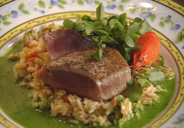 Grilled Tuna with Crawfish Pirlau and Watercress Essence