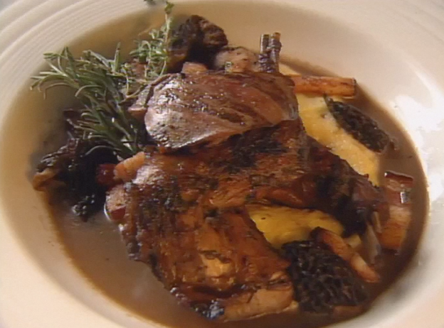 Grilled and Braised Rabbit with Molasses, Bourbon, Slab Bacon, and Stone-ground Grits