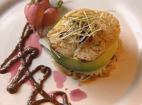Seared Tournedos of Scallops on Leek and Chanterelle Confit with Wild Mushroom Vinaigrette