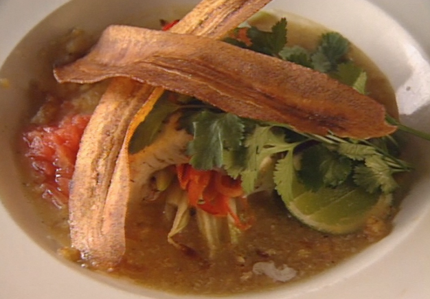 Smoked Scotch Bonnet Jerk Spice Mahimahi Stuffed with Christophene, Carrot, and Pepper with Mofongo Broth