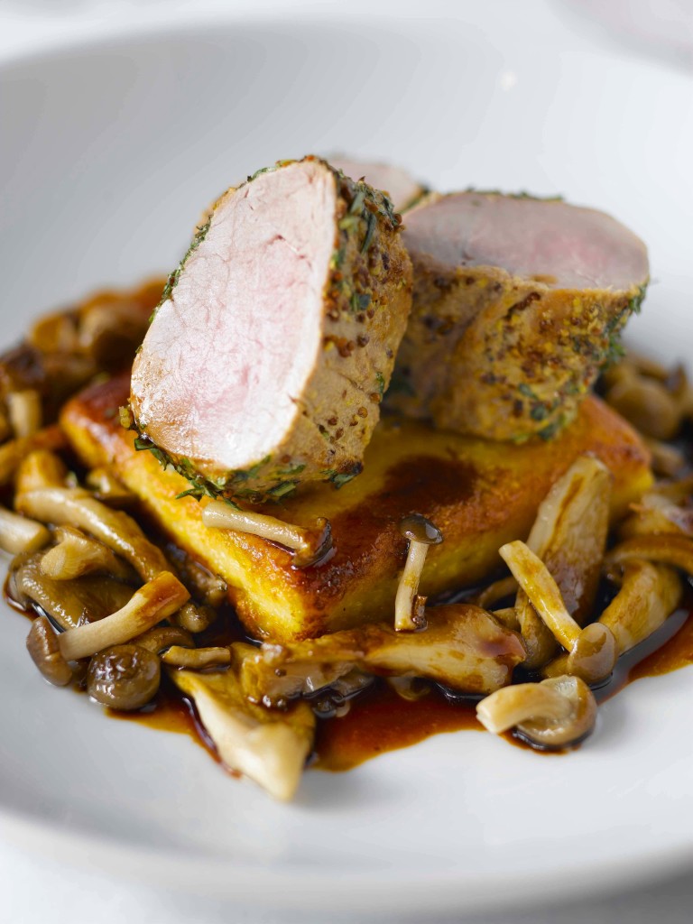 Herb Crusted Pork Tenderloin with Mascarpone Polenta Cakes and Port Wine Reduction