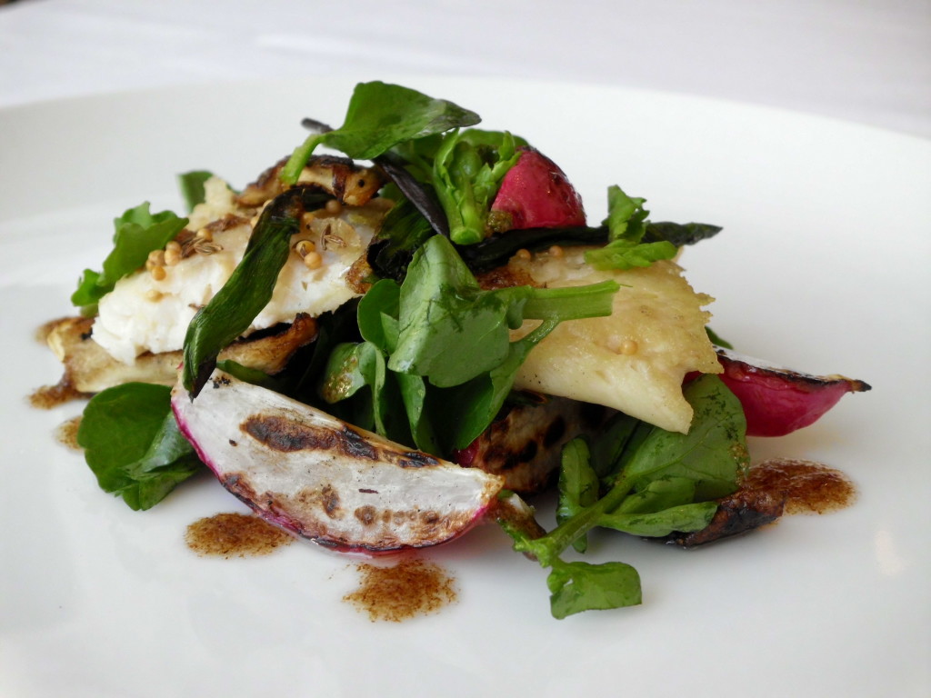 Marinated Rushing Waters Trout with Grilled Radish, Spring Onion and Mushroom Salad, Lemon Caraway Dressing