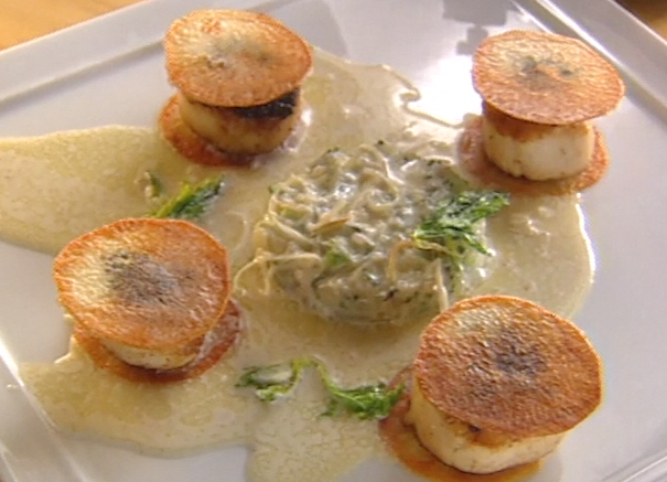 Potato Chip Sandwich with Scallops, Caviar, and Bass Tartare