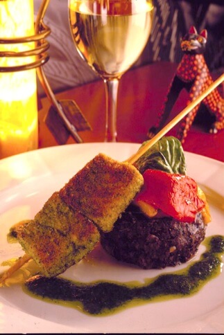 Pesto-crusted Salmon Skewers with Wild Mushroom Risotto and Arugula-Basil Vinaigrette