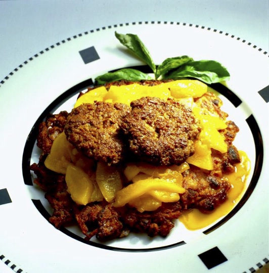 Curried Lamb Sausage with Compote and Pecan Pancakes