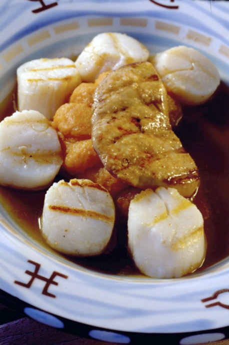Grilled Sea Scallops and Foie Gras with Yam, Sweet Potato Puree, and Lobster Nage