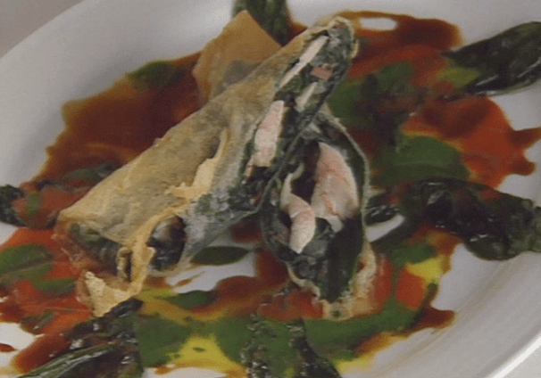 Spring Roll with Lamb Sweetbreads and Three Pepper Sauces