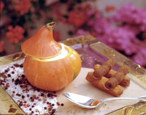 Pumpkin Soup with Cappucino of Roasted Cumin and Duck Fois Gras Dumpling