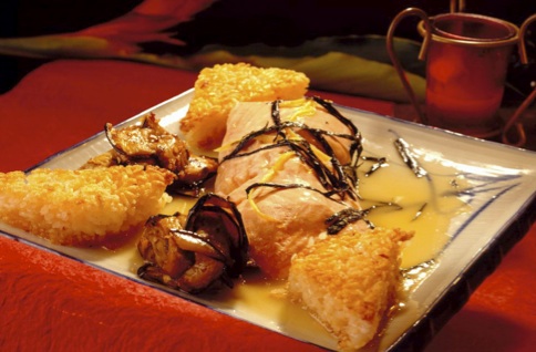 Aromatic Steamed Salmon with Sake Butter, Crispy Rice Cakes, and Szechwan Grilled Eggplant