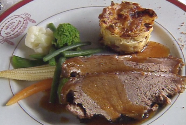 Glazed Veal with Ham and Noodle Souffle ▶