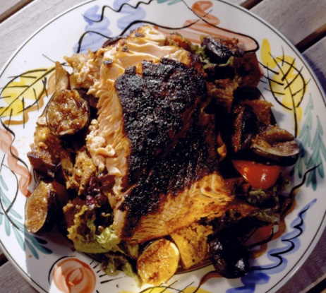 Grilled Salmon with Bread Salad and Grilled Figs