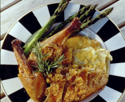 Grilled Duck Stuffed with Apple, Oranges, Shallots, and Rosemary with Grilled Asparagus