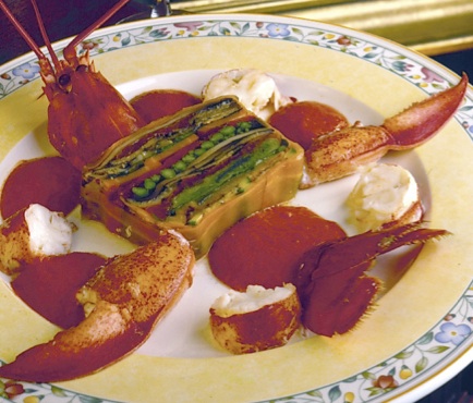Grilled Vegetable Terrine with Lobster and Red Pepper Coulis