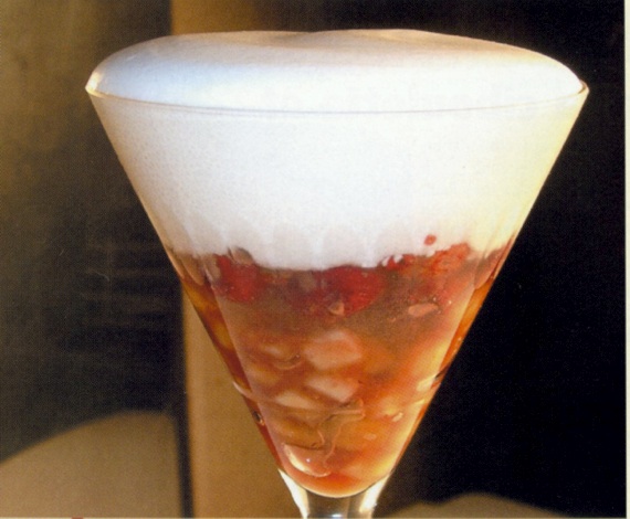 Bananas, Strawberries, Lemon Gelatin, and Coconut Foam