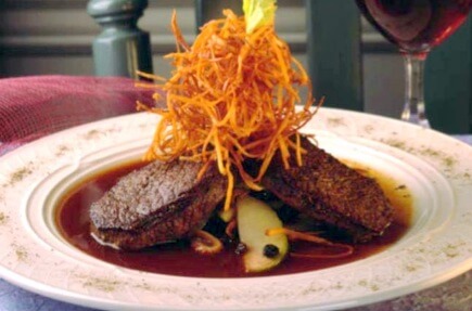 Sautéed Venison Medallions with Saute of Apples, Celery Root, Shiitakes, and Onion, and Red Zinfandel Sauce ►