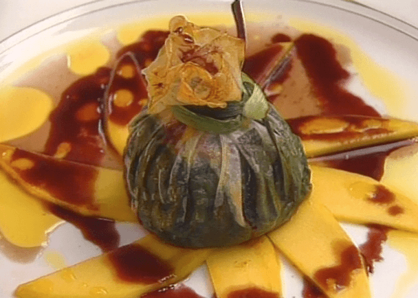 Langoustine Purse with Mango, Leeks, and Ginger with a Port Wine Reduction Sauce ►
