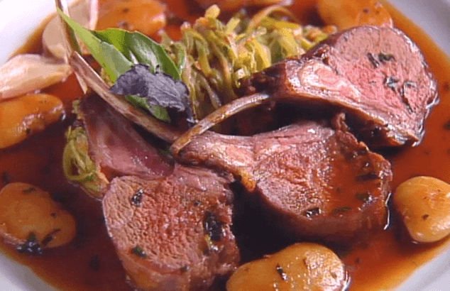 Roasted Rack of Lamb with Fava Beans and Zucchini Spaghetti and Basil Sauce  ▶