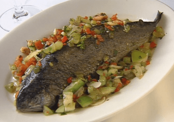 Pan-fried Mountain Rainbow Trout with Green Tomato and Lime Butter Salsa on Sweet Potato, Artichoke, and Crayfish Hash ►